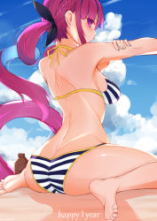 Rule 34 | 1girl, absurdres, armpits, ass, bare arms, bare shoulders, barefoot, beach, bikini, black ribbon, blue hair, blue sky, blush, braid, breasts, butt crack, choumi wuti (xueye fanmang zhong), cloud, cloudy sky, colored inner hair, commentary, day, fingernails, hair ribbon, halterneck, highres, hololive, innertube, long hair, looking at viewer, looking back, medium breasts, minato aqua, minato aqua (hololive summer 2019), multicolored hair, official alternate costume, outdoors, purple eyes, purple hair, ribbon, sand, sideboob, sidelocks, sitting, sky, soles, solo, striped bikini, striped clothes, swim ring, swimsuit, twintails, two-tone hair, very long hair, virtual youtuber