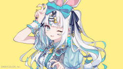 Rule 34 | 1girl, animal ears, arm up, ars almal, black nails, blue bow, blue eyes, blue hair, bow, captain yue, center frills, chain, copyright notice, frills, grey hair, hair bow, hair ornament, hairclip, lightning bolt symbol, long hair, looking at viewer, multicolored hair, multicolored nails, nail polish, nijisanji, official art, one eye closed, open mouth, puffy short sleeves, puffy sleeves, rabbit ears, rabbit hair ornament, rabbit tail, shirt, short sleeves, simple background, solo, star (symbol), tail, two-tone hair, upper body, very long hair, virtual youtuber, white shirt, yellow background, yellow bow, yellow nails