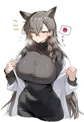Rule 34 | 1girl, animal ears, arknights, black skirt, black sweater, blush, braid, breasts, commentary request, extra ears, flying sweatdrops, grey hair, high-waist skirt, highres, horn/wood, jacket, large breasts, long hair, long sleeves, looking at viewer, mole above eye, official alternate costume, open clothes, open jacket, penance (arknights), penance (occasionally flushed) (arknights), ribbed sweater, single braid, skirt, solo, spoken emoji, sweater, translation request, turtleneck, turtleneck sweater, upper body, white jacket, wolf ears, wolf girl, yellow eyes