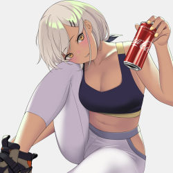 Rule 34 | 1girl, abs, breasts, can, cleavage, coca-cola, girls&#039; frontline, hair ornament, hair ribbon, hairclip, highres, leggings, m590 (girls&#039; frontline), midriff, navel, pants, ribbon, shoes, sneakers, soft drink, solo, spandex, sports bra, stomach, tan, white background, white hair, yellow eyes, yitiao er-hua, yoga pants