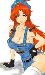 Rule 34 | 1girl, ahoge, alternate costume, arm support, asymmetrical clothes, braid, breasts, cleavage, female focus, fingerless gloves, gloves, hair ribbon, hand on own hip, hat, hip focus, hong meiling, long hair, lying, mitsuwo, no bra, no shirt, on side, overalls, red eyes, red hair, ribbon, single pantsleg, solo, thighhighs, touhou, twin braids, white background, white thighhighs
