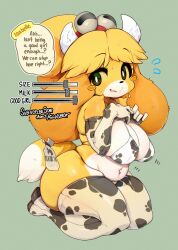 Rule 34 | 1girl, absurdres, animal crossing, animal print, barcode, bikini, blonde hair, blush stickers, breasts, commentary, cow print, cow print bikini, elbow gloves, english commentary, english text, full body, furry, furry female, gloves, green background, green eyes, highres, isabelle (animal crossing), large breasts, long hair, looking at viewer, multicolored hair, nintendo, orange hair, print bikini, print gloves, print thighhighs, simple background, sitting, slugbox, solow, speech bubble, swimsuit, thighhighs, two-tone hair, wariza, white bikini, white gloves, white thighhighs