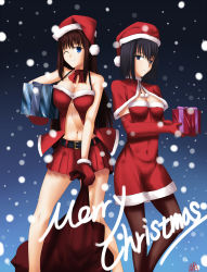 Rule 34 | 2girls, akatsuki (mp31097), aozaki aoko, black eyes, black hair, blue eyes, blurry, bokeh, breasts, brown hair, cape, capelet, christmas, cleavage, covered navel, depth of field, dress, elbow gloves, expressionless, fur-trimmed dress, fur trim, gift, gloves, hat, heel up, highres, kuonji alice, large breasts, looking at viewer, mahou tsukai no yoru, medium breasts, medium hair, merry christmas, multiple girls, navel, one eye closed, pantyhose, red cape, red dress, red skirt, santa costume, santa hat, sidelocks, skirt, smile, snow