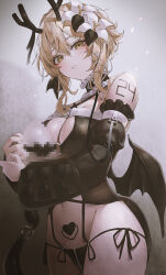 Rule 34 | 1girl, absurdres, alternate costume, antlers, arm tattoo, bare shoulders, black camisole, black choker, black horns, black panties, blonde hair, breasts, camisole, carrying, censored, choker, cleavage, commentary, cowboy shot, criss-cross halter, demon tail, demon wings, detached sleeves, flower, frilled choker, frills, from below, genshin impact, gradient background, grey background, hair between eyes, hair flower, hair ornament, halterneck, heart, heart tattoo, highres, horns, indol, large breasts, long sleeves, looking at viewer, low wings, lumine (genshin impact), mosaic censoring, navel, number tattoo, open mouth, panties, pubic tattoo, puffy long sleeves, puffy sleeves, reindeer antlers, revision, short hair, short hair with long locks, side-tie panties, solo, tail, tattoo, underwear, upper body, white flower, wings, yellow eyes