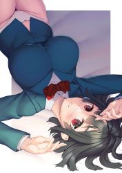 Rule 34 | 1girl, arms up, bed sheet, black hair, blazer, blue jacket, blush, border, bow, bowtie, breasts, durarara!!, eyebrows hidden by hair, glasses, groin, highres, impossible clothes, impossible jacket, jacket, large breasts, long sleeves, lying, on back, on bed, outside border, panties, parted lips, red bow, red bowtie, red eyes, rimless eyewear, rotix, school uniform, short hair, solo, sonohara anri, underwear, upside-down, white border, white panties