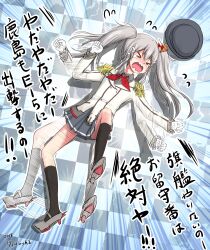 Rule 34 | &gt; &lt;, 1girl, absurdres, black socks, checkered floor, collared shirt, crying, from above, full body, gloves, grey hair, grey shirt, h2 (h20000000), highres, kantai collection, kashima (kancolle), lying, miniskirt, on floor, open mouth, pleated skirt, shirt, skirt, socks, solo, tantrum, twintails, white gloves, white shirt