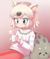 Rule 34 | 1girl, alternate costume, animal ears, bear ears, bear girl, black hair, blush, brown eyes, cup, extra ears, highres, kemono friends, kemono friends 3, long sleeves, mug, multicolored hair, pants, polar bear (kemono friends), red pants, remora (samewakame), short hair, sitting, solo, stuffed toy, sweater, symbol-only commentary, two-tone hair, white hair, white sweater