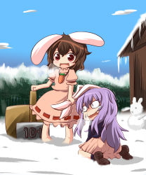 Rule 34 | 2girls, :d, :x, animal ears, bad id, bad pixiv id, brown hair, chibi, dokuta, grabbing another&#039;s ear, female focus, hammer, hand on another&#039;s ear, highres, inaba tewi, long hair, multiple girls, open mouth, purple hair, rabbit ears, red eyes, reisen udongein inaba, scared, short hair, smile, snow, touhou, violence