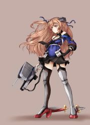 Rule 34 | 1girl, adapted turret, black gloves, black skirt, black thighhighs, blue shirt, breasts, brown background, brown eyes, cleavage, colorized, commentary request, fujiwara rein, full body, garter straps, gloves, hand on own hip, highres, johnston (kancolle), kantai collection, light brown hair, long hair, medium breasts, mji (emucchi), off shoulder, pleated skirt, rudder footwear, sailor collar, school uniform, serafuku, shin guards, shirt, simple background, single glove, skirt, solo, standing, thighhighs, two side up, united states medal of honor