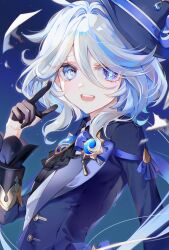 Rule 34 | 1girl, ahoge, ascot, black ascot, black gloves, blue eyes, blue gemstone, blue hair, blue hat, blue jacket, brooch, drop-shaped pupils, furina (genshin impact), gem, genshin impact, gloves, hair between eyes, hat, highres, hyeonwook9, jacket, jewelry, light blue hair, long hair, long sleeves, looking at viewer, mismatched pupils, multicolored hair, open mouth, simple background, smile, solo, symbol-shaped pupils, top hat, white hair