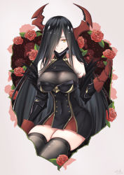 Rule 34 | 1girl, artist request, azur lane, bare shoulders, black hair, black thighhighs, breasts, closed mouth, collarbone, commentary request, covered navel, dated, flower, friedrich der grosse (azur lane), gloves, grey background, hair over one eye, highres, holding, holding flower, horns, large breasts, long hair, looking at viewer, red flower, red gloves, red horns, red rose, rose, signature, simple background, sitting, smile, solo, thighhighs, thighs, very long hair, yellow eyes