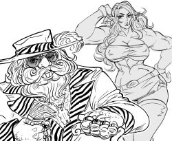 Rule 34 | 1boy, 1girl, abs, bb (baalbuddy), beard, belt, belt bra, biceps, breasts, cane, commentary, contrapposto, dollar sign, dwarf, earrings, english commentary, facial hair, female orc, flexing, greyscale, hand up, hat, hat feather, highres, holding, holding cane, huge breasts, jacket, jewelry, long hair, looking at viewer, microskirt, money, monochrome, multiple rings, muscular, muscular female, navel, necklace, one eye closed, open clothes, open jacket, orc, original, parted lips, pencil skirt, pimp, pointy ears, prostitution, ring, simple background, skirt, smile, sunglasses, thighhighs, white background, wristband