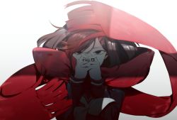 Rule 34 | 1girl, black eyes, black hair, brown hair, floating scarf, hair ornament, hairclip, hands on own face, kagerou project, long hair, looking at viewer, red scarf, sailor collar, scarf, school uniform, sidu (dsd kgn), solo, tateyama ayano