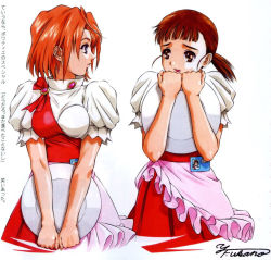 Rule 34 | 00s, 2girls, apron, blue eyes, breasts, brown eyes, brown hair, cowboy shot, fukano youichi, higurashi akane, holding, holding tray, looking at another, medium breasts, multiple girls, my-hime, name tag, non-web source, orange hair, profile, puffy short sleeves, puffy sleeves, red skirt, short hair, short sleeves, simple background, skirt, standing, tokiha mai, tray, waitress, white background
