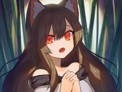 Rule 34 | 1girl, animal ear fluff, animal ears, bamboo, bamboo forest, bare shoulders, brown hair, dress, fangs, forest, full moon, hair between eyes, highres, ikasoba, imaizumi kagerou, long hair, moon, nature, open mouth, own hands clasped, own hands together, red eyes, shadow, solo, touhou, upper body, wolf ears