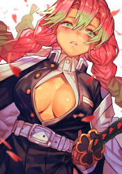 Rule 34 | 1girl, belt, black jacket, black skirt, blush, breasts, cleavage, cowboy shot, dutch angle, gakuran, green eyes, green hair, hair between eyes, haori, hungry clicker, jacket, japanese clothes, kanroji mitsuri, katana, kimetsu no yaiba, large breasts, lips, long hair, looking at viewer, mole, mole under each eye, mole under eye, multicolored hair, multiple moles, no bra, open clothes, open jacket, parted lips, partially unbuttoned, petals, pink hair, pleated skirt, school uniform, simple background, skirt, solo, sword, tri braids, two-tone hair, weapon, white background, white belt, wing collar