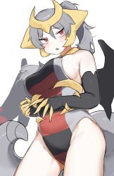 Rule 34 | 1girl, black gloves, blush, breasts, claws, creatures (company), elbow gloves, from below, game freak, gen 4 pokemon, giratina, gloves, grey hair, hair between eyes, headgear, highres, hufy, large breasts, legendary pokemon, leotard, long hair, looking to the side, nintendo, personification, pokemon, ponytail, red eyes, sideboob, simple background, solo, sweat, tail, white background, wings