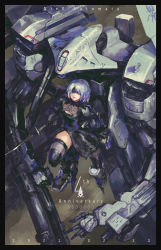 Rule 34 | 1girl, absurdres, anniversary, blindfold, breasts, cleavage cutout, clothing cutout, copyright name, dated, flight unit ho229, gun, highres, holding, holding gun, holding sword, holding weapon, katana, looking up, mecha, medium breasts, mole, mole under mouth, nier (series), nier:automata, open hand, open mouth, robot, science fiction, sword, thighhighs, weapon, white hair, 2b (nier:automata), yutori (clockwork chicken)