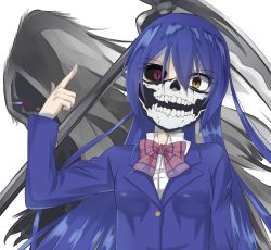 Rule 34 | 1girl, balaclava, black sclera, blue hair, colored sclera, commentary request, death (entity), hair between eyes, highres, long hair, long sleeves, love live!, love live! school idol project, muse loss, otonokizaka school uniform, pointing, pointing at self, red neckwear, school uniform, scythe, shirt, simple background, skeleton, skull, solo, sonoda umi, striped neckwear, weapon, white background, white shirt, yellow eyes