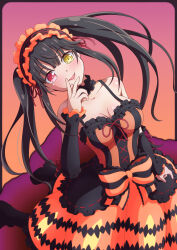 Rule 34 | 1girl, black hair, blush, breasts, cleavage, clock eyes, collarbone, commentary request, date a live, detached sleeves, gothic lolita, hairband, heterochromia, highres, lolita fashion, lolita hairband, looking at viewer, medium breasts, red eyes, revision, roman numeral, smile, solo, symbol-shaped pupils, tokisaki kurumi, twintails, uneven twintails, yellow eyes, yosuzu