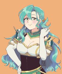 Rule 34 | 1girl, aqua hair, armor, blush, bow, braid, breastplate, breasts, chloe (fire emblem), cleavage, commentary, elbow gloves, fire emblem, fire emblem engage, gloves, green eyes, grin, hair between eyes, hair bow, hand on own hip, highres, kaguras-art, large breasts, long hair, looking at viewer, nintendo, orange background, orange bow, pauldrons, shoulder armor, simple background, smile, solo, upper body, very long hair, white gloves