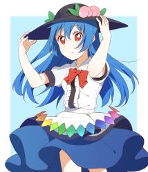 Rule 34 | 1girl, absurdres, black hat, blouse, blue background, blue hair, blue skirt, border, bow, bowtie, buttons, center frills, closed mouth, cowboy shot, food, frills, frown, fruit, hair between eyes, hands on headwear, hat, highres, hinanawi tenshi, leaf, long hair, looking at viewer, peach, puffy short sleeves, puffy sleeves, rainbow order, red bow, red bowtie, red eyes, sasaki sakiko, shirt, short sleeves, skirt, solo, touhou, white border, white shirt