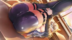 Rule 34 | 1girl, ahoge, artoria pendragon (fate), ashina merou, ass, bike shorts, black-framed eyewear, black jacket, black shorts, black thighhighs, breasts, cameltoe, coat, convenient arm, fate/grand order, fate (series), highres, hood, hooded jacket, jacket, large breasts, legs together, legs up, long sleeves, lying, mysterious heroine x alter (fate), mysterious heroine x alter (second ascension) (fate), no bra, on back, open clothes, open coat, open jacket, pussy juice, red scarf, scarf, semi-rimless eyewear, shorts, solo, thighhighs, under-rim eyewear, yellow eyes
