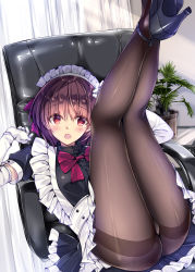 Rule 34 | 1girl, :o, apron, ass, bad id, bad pixiv id, black pantyhose, black shirt, blouse, blush, brown hair, chair, commentary request, curtains, day, elbow gloves, frilled apron, frills, gloves, hands up, highres, indoors, kobayashi chisato, legs, legs together, legs up, looking at viewer, lying, maid, maid headdress, office chair, on back, open mouth, original, panties, panties under pantyhose, pantyhose, plant, potted plant, red eyes, shirt, short hair, solo, swivel chair, thighband pantyhose, thighs, underwear, white gloves