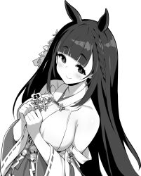 Rule 34 | 1girl, :&gt;, animal ears, armpit crease, azur lane, azur lane: slow ahead, bare shoulders, black hair, blunt bangs, braid, breasts, closed mouth, daisen (azur lane), detached sleeves, greyscale, hands up, hori (hori no su), horse ears, horse girl, japanese clothes, large breasts, long hair, looking at viewer, monochrome, nontraditional miko, official art, sideboob, simple background, solo, upper body, white background, wide sleeves