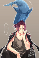 Rule 34 | 10s, 1boy, 2014, biting hair, clothes around waist, dated, free!, jacket, jacket on shoulders, male focus, matsuoka rin, ponytail, re lucy, red eyes, red hair, shark, signature, sitting, stuffed animal, stuffed shark, stuffed toy, tank top, track jacket