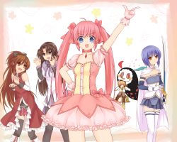 Rule 34 | 5girls, :d, = =, akemi homura, akemi homura (cosplay), bow, bubble skirt, charlotte (madoka magica), cosplay, drooling, fangs, hair bow, hairband, highres, kamikita komari, kaname madoka, kaname madoka (cosplay), kurugaya yuiko, little busters!, long hair, magical girl, mahou shoujo madoka magica, mahou shoujo madoka magica (anime), mami mogu mogu, matsuda hikari, miki sayaka, miki sayaka (cosplay), multiple girls, natsume rin, nikotamu, nishizono mio, open mouth, panties, pantyhose, pink bow, saigusa haruka, sakura kyoko (cosplay), sakura kyoko, short hair, skirt, smile, sword, thighhighs, tomoe mami, tomoe mami (cosplay), underwear, weapon, wide ponytail, zettai ryouiki