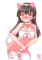 Rule 34 | 10s, 1girl, 2016, alternate costume, alternate headwear, anal tail, animal ears, artist name, bare shoulders, bell, black hair, blush, bra, breasts, cat cutout, cat ear panties, cat ears, cat lingerie, cat tail, choker, choukai (kancolle), cleavage cutout, clothing cutout, commentary request, dated, fake animal ears, fake tail, glasses, highres, kanon (kurogane knights), kantai collection, light smile, long hair, meme attire, navel, neck bell, open mouth, panties, red eyes, simple background, solo, tail, underwear, white background