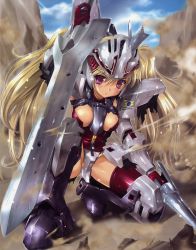 Rule 34 | 1girl, absurdres, armor, blonde hair, blush, bodysuit, break blade, breasts, bullet hole, delphine (break blade), dirfinge, gloves, greaves, helmet, highres, komatsu eiji, long hair, mecha, mecha musume, on one knee, parted lips, personification, pink eyes, red thighhighs, reverse grip, robot, scan, shiny clothes, shiny skin, solo, sword, thighhighs, twintails, weapon
