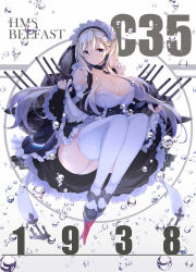 Rule 34 | 1938, 1girl, air bubble, azur lane, belfast (azur lane), black gloves, blonde hair, blue eyes, breasts, bubble, chain, character name, cleavage, closed mouth, clothes lift, collar, collarbone, dress, dress lift, fingerless gloves, garter straps, gloves, highres, kurokawa izumi, large breasts, long hair, looking at viewer, machinery, maid headdress, shoes, sitting, smile, solo, thighhighs, very long hair, white background, white thighhighs
