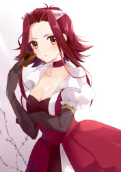 Rule 34 | 1girl, between fingers, breasts, brown eyes, brown gloves, card, choker, cleavage, collarbone, commentary request, elbow gloves, forehead, gloves, hand up, high-waist skirt, holding, holding card, horns, izayoi aki, long hair, looking at viewer, medium breasts, parted bangs, parted lips, pleated skirt, puffy short sleeves, puffy sleeves, puracotte, red choker, red hair, red skirt, short sleeves, sidelocks, skirt, solo, yu-gi-oh!, yu-gi-oh! 5d&#039;s