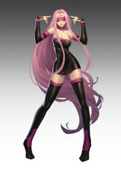Rule 34 | 1girl, bad id, bad pixiv id, black footwear, black thighhighs, blindfold, boots, breasts, bridal gauntlets, cleavage, collar, contrapposto, dancing, derivative work, dress, facial mark, fate/stay night, fate (series), forehead mark, gradient background, hair intakes, large breasts, legs, lipstick, long hair, makeup, me!me!me!, medusa (fate), medusa (rider) (fate), parody, parted lips, pigeon-toed, purple hair, solo, standing, thigh boots, thighhighs, tiptoes, very long hair, yinanhuanle, zettai ryouiki