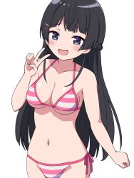 Rule 34 | 1girl, :d, bare arms, bare shoulders, bikini, black hair, braid, breasts, cleavage, collarbone, commission, grey eyes, groin, hair ornament, hairclip, hand up, highres, long hair, medium breasts, navel, nijisanji, open mouth, pixiv commission, side-tie bikini bottom, simple background, smile, solo, striped bikini, striped clothes, swimsuit, tsukino mito, tsunaso (lack of sunlight), v, very long hair, virtual youtuber, white background