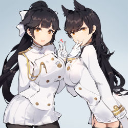 Rule 34 | 2girls, ^^^, animal ears, atago (azur lane), azur lane, black hair, black legwear, blush, bow, breasts, buttons, closed mouth, double-breasted, garter straps, gradient background, hair bow, kishiyo, large breasts, long hair, looking at viewer, medium breasts, military, military uniform, miniskirt, multiple girls, open mouth, pantyhose, ponytail, skirt, smile, swept bangs, takao (azur lane), thighhighs, uniform, v, wavy hair, white bow, white skirt