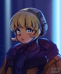 Rule 34 | 1girl, animification, apex legends, artist name, blue bodysuit, blue headwear, blush, bodysuit, commentary, english commentary, eyebrows hidden by hair, highres, hood, hooded bodysuit, hooded jacket, jacket, looking at viewer, orange jacket, parted lips, portrait, ribbed bodysuit, solo, wattson (apex legends), wiki (juicykiwi)