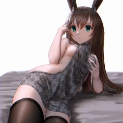 Rule 34 | 1girl, amiya (arknights), arknights, black thighhighs, blue eyes, breasts, cowboy shot, grabbing own breast, grey sweater, hair between eyes, highres, long hair, looking at viewer, lying, medium breasts, meme attire, monstarno, rabbit girl, simple background, solo, sweater, thighhighs, virgin killer sweater, white background