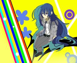 Rule 34 | 1girl, alternate hair length, alternate hairstyle, atlus, bad id, bad pixiv id, blue eyes, blue hair, breasts, formal, highres, hip focus, k6266411on, long hair, looking at viewer, matching hair/eyes, persona, persona 4, persona x detective, shirogane naoto, sitting, solo, suit, wavy hair