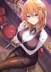 Rule 34 | 1girl, aged up, alternate breast size, bar (place), bartender, blouse, blush, bow, bowtie, breasts, brown hair, brown pantyhose, collared shirt, crossed legs, cup, drinking glass, from above, gochuumon wa usagi desu ka?, hair between eyes, hair ornament, hairclip, head tilt, highres, holding, hot chocolate, hoto cocoa, indoors, ks (xephyrks), large breasts, long hair, long sleeves, looking at viewer, miniskirt, pantyhose, pencil skirt, purple eyes, shirt, sitting, skirt, smile, solo, striped bow, striped bowtie, striped clothes, vest, waistcoat, white shirt, wooden floor