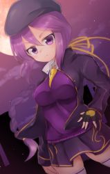 Rule 34 | 1girl, alternate costume, beret, braid, breasts, collar, commentary, cropped jacket, eltnum, fingerless gloves, gloves, hand on own hip, hat, highres, itsuka neru, medium breasts, melty blood, moon, necktie, night, night sky, purple eyes, purple hair, purple sweater, single braid, sion eltnam atlasia, skirt, sky, solo, sweater, sweater vest, thighhighs, tsukihime, under night in-birth, v-neck, white thighhighs, yellow necktie