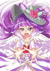 Rule 34 | 1girl, chocokin, collarbone, cure magical, cure magical (alexandrite style), detached sleeves, earrings, floating hair, flower, grey hat, hair flower, hair ornament, hat, izayoi liko, jewelry, long hair, long sleeves, looking at viewer, mahou girls precure!, open mouth, pink flower, pink rose, precure, purple eyes, purple hair, rose, solo, star (symbol), v-shaped eyebrows, very long hair, white background, white sleeves, witch hat