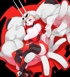 Rule 34 | 1girl, absurdres, alternate color, black border, blonde hair, blush stickers, boots, border, breasts, cerebella (skullgirls), choker, cleavage, detached collar, detached sleeves, eyeshadow, highres, large breasts, liba (leo8d), makeup, one eye closed, open mouth, pointing, red background, sidelocks, simple background, sitting, skullgirls, smile, solo, thigh boots, thighhighs, thighs, urieito, vice-versa (skullgirls)