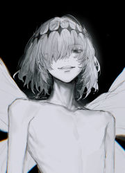 Rule 34 | 1boy, au (d elete), black background, chromatic aberration, collarbone, eyelashes, eyes visible through hair, fate/grand order, fate (series), greyscale, hair over one eye, half-closed eyes, insect wings, long eyelashes, looking at viewer, male focus, monochrome, nude, oberon (fate), oberon (third ascension) (fate), parted lips, signature, simple background, smile, solo, spoilers, teeth, twitter username, upper body, wings