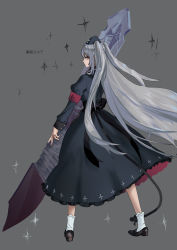 Rule 34 | 1girl, armband, bandages, black bow, black footwear, bow, buckle, cross, dress, graphite (medium), grey background, grey hair, hat, highres, holding, holding weapon, indie virtual youtuber, liyou-ryon, long hair, minai karte, red eyes, scalpel, simple background, solo, sparkle, standing, tail, traditional media, twintails, virtual youtuber, weapon