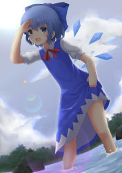 Rule 34 | 1girl, blue dress, blue eyes, blue hair, blue sky, bow, cirno, cloud, day, dress, flat chest, hair bow, highres, ice, ice wings, legensegerr, looking at viewer, open mouth, outdoors, plant, puffy sleeves, red ribbon, ribbon, rock, sky, standing, touhou, wading, water, wings