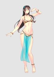 Rule 34 | 1girl, alternate costume, anklet, aqua eyes, aqua hairband, arabian clothes, barefoot, bikini, black hair, blush, bracelet, collarbone, dancer, flat chest, full body, glasses, gold bikini, grey background, groin, hair between eyes, hairband, highres, jewelry, kantai collection, long hair, navel, ooyodo (kancolle), parted lips, pelvic curtain, simple background, solo, toes, yuuji (and)