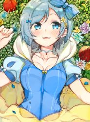 Rule 34 | .live, 1girl, blue eyes, blue hair, bow, choker, cosplay, dress, hair bow, highres, looking at viewer, lying, on back, puffy sleeves, short sleeves, dennou shoujo siro, snow white (cosplay), snow white and the seven dwarfs, upper body, virtual youtuber